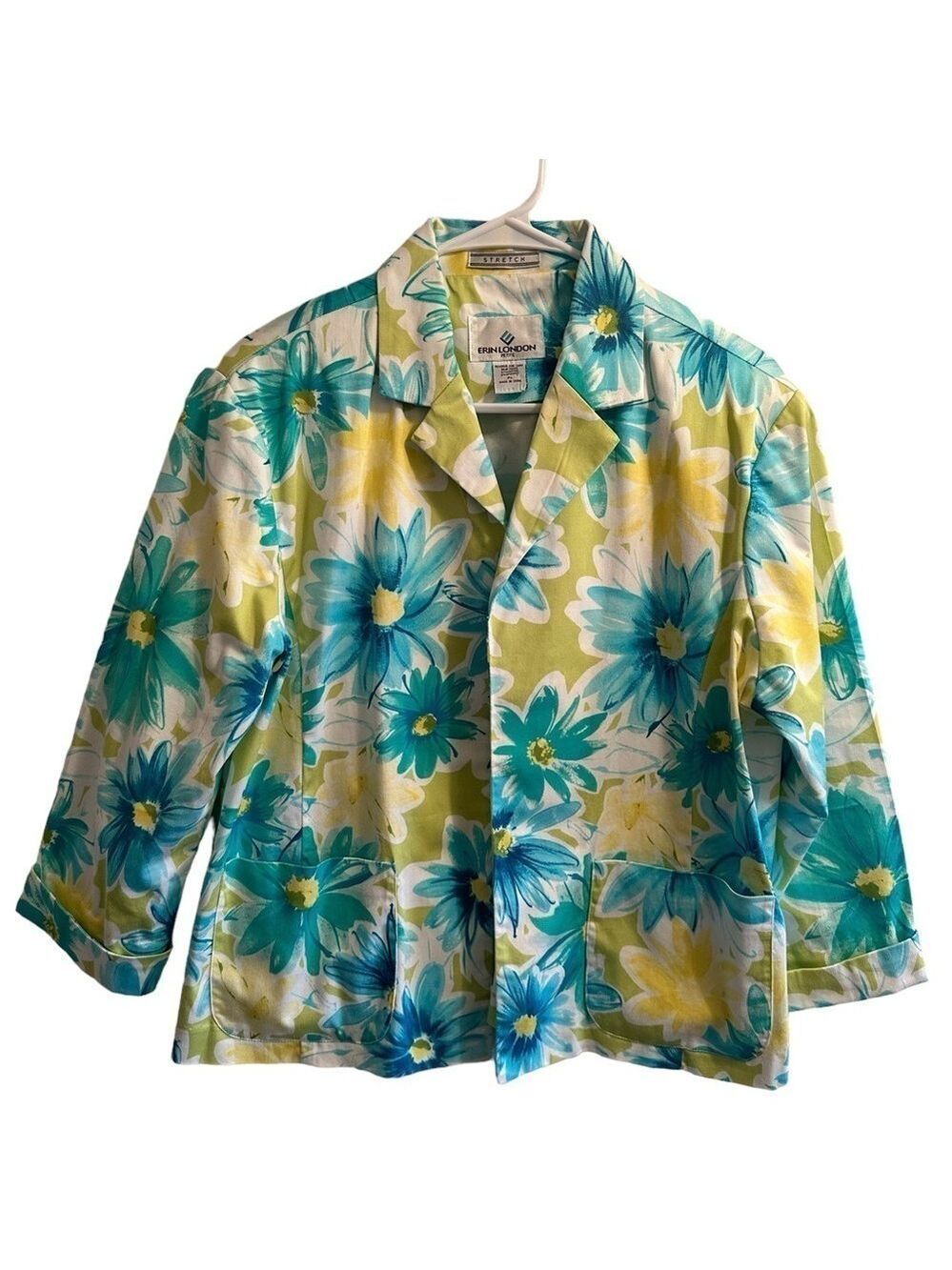 Erin London Floral Open Blazer Womens Petite Large PL 3/4 Sleeves Blue & Green